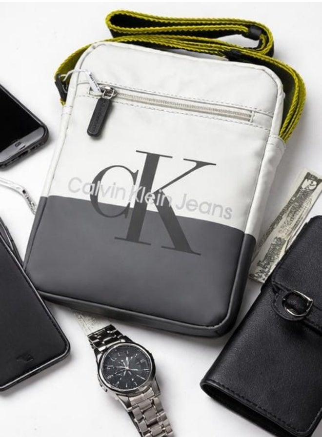 Calvin Klein Jeans Men's Bicolor Reporter Bag with Neon Webbing Strap – White/Grey - Image 1